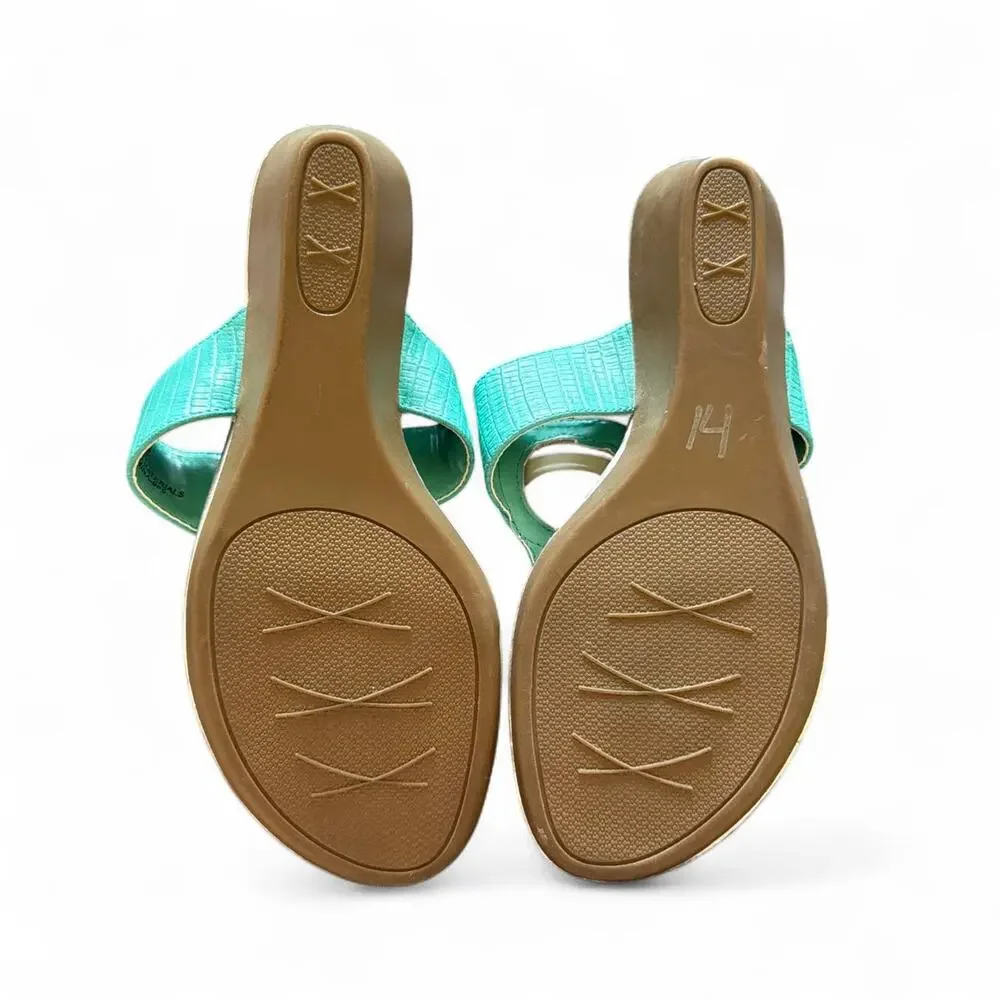 Turquoise teal wedge sandals with
